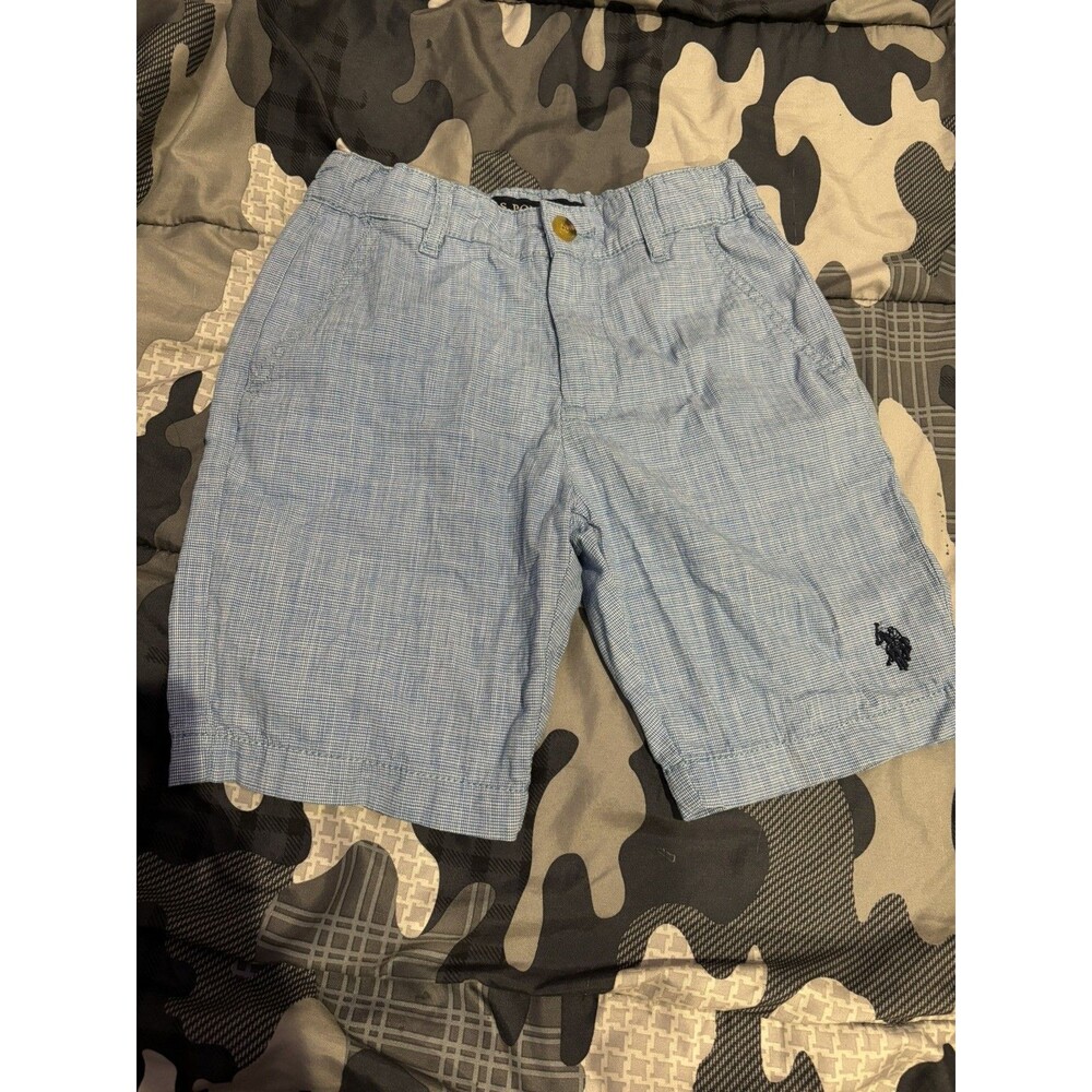 US Polo Assn Boys Blue Micro Check Chino Shorts Size 8 Adjustable Waist Stretch